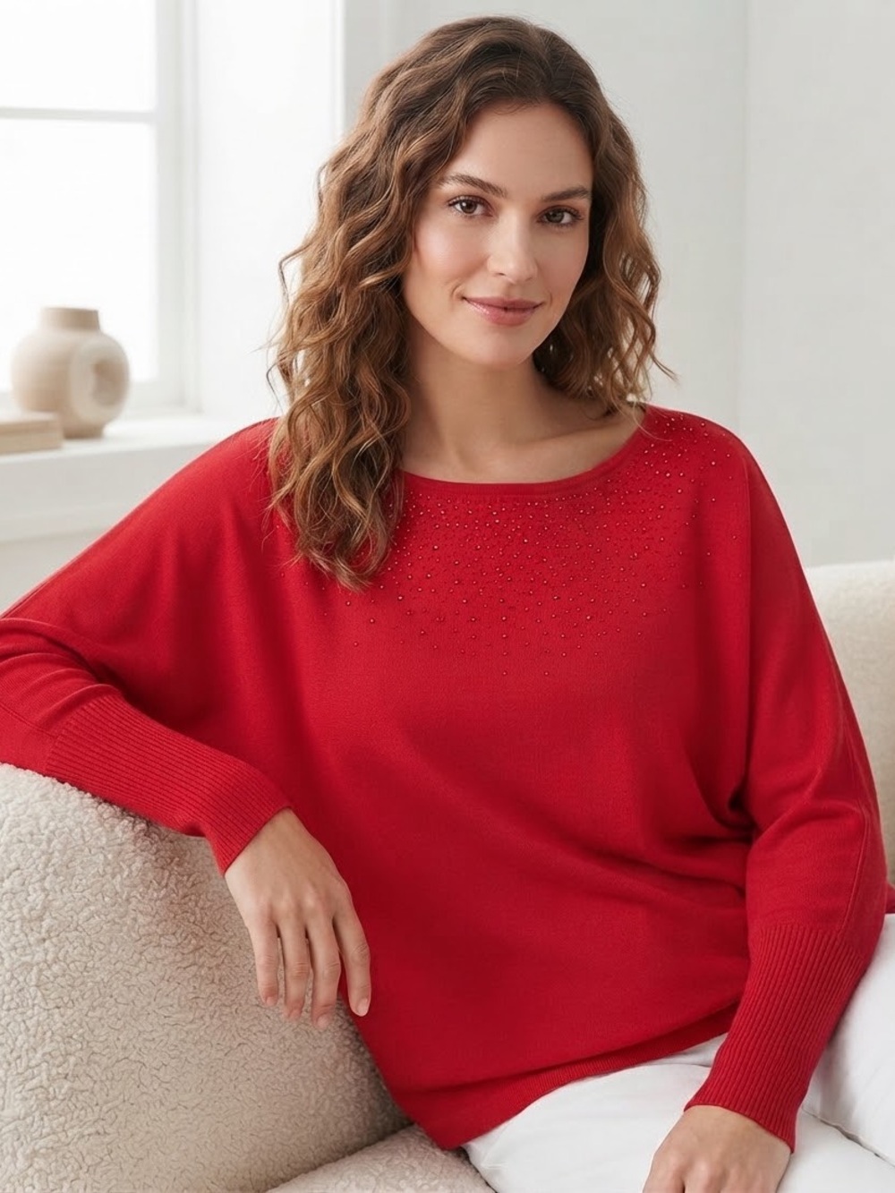Cable & Gauge Red Rhinestone-Embellished Crewneck Sweater